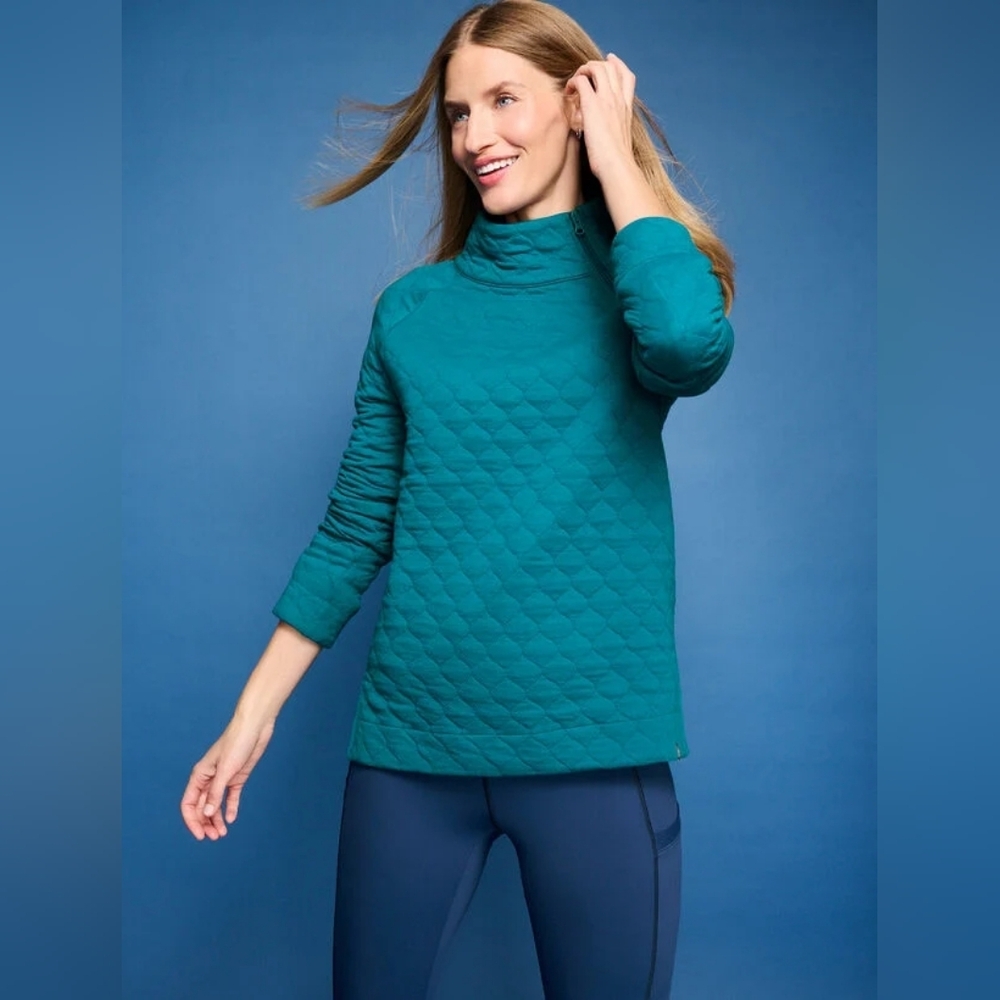 NWT T by Talbots Asymmetrical Zip Quilted Pullover Turquoise/Teal - Picture 2 of 11